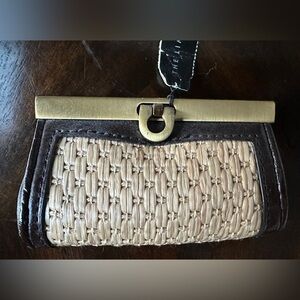 The Limited Tan & Brown Woven Coin Purse with Faux Leather Trim and Bronze Clasp